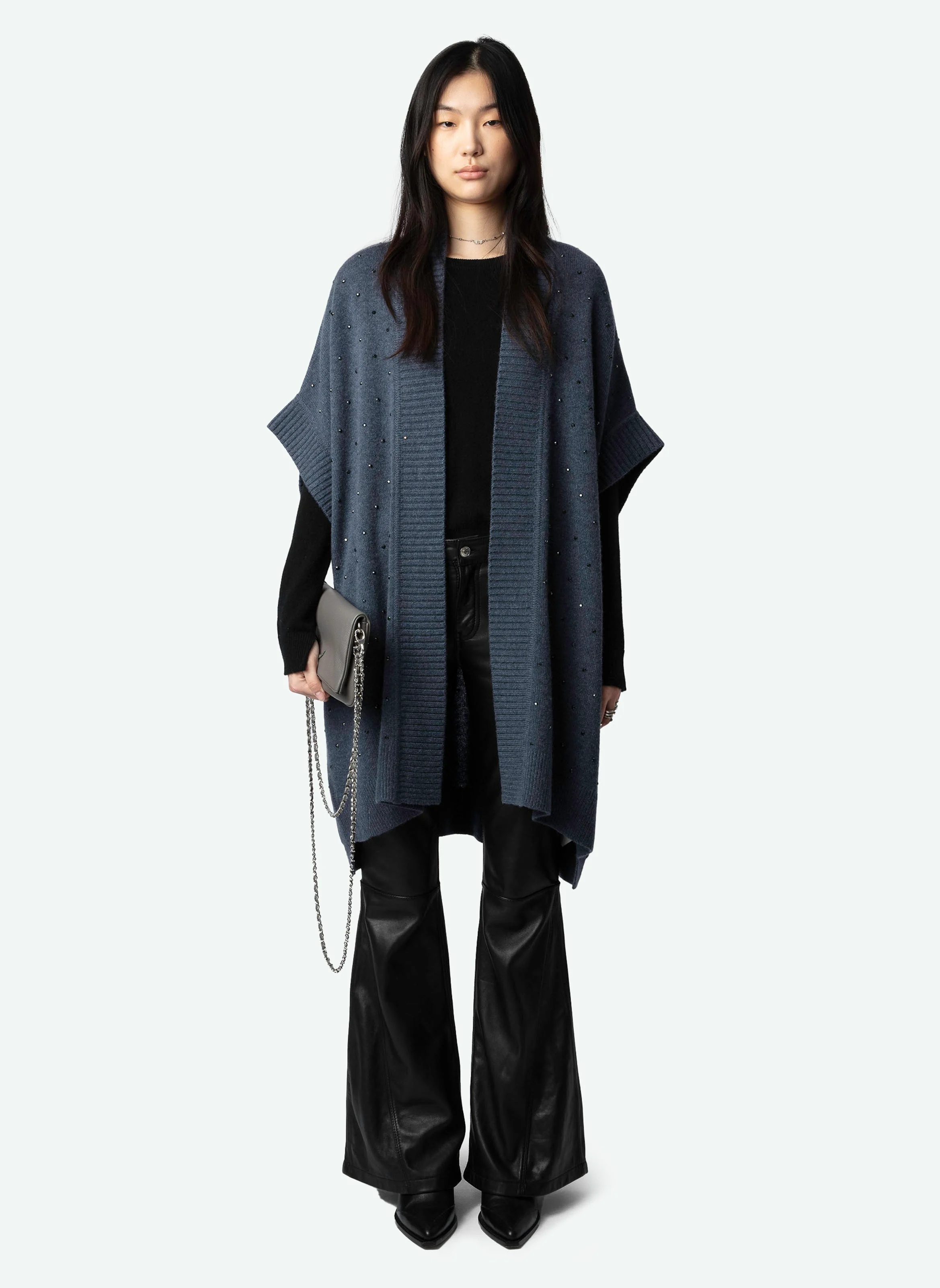 INDIANY - Gilet mi-long à strass en cachemire| Bleu