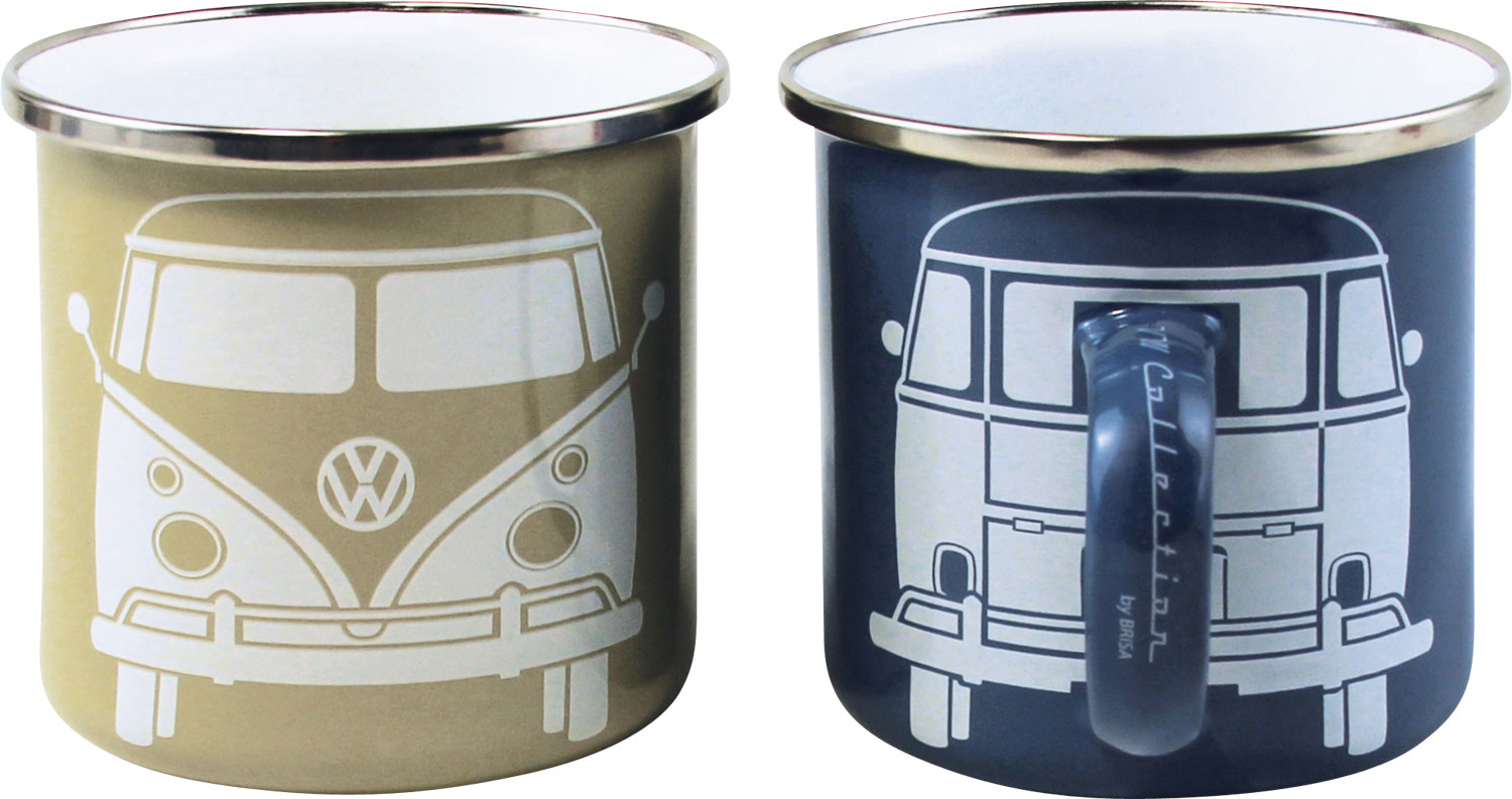 VW Collection T1 Bus Emaille Tassen Set 2 Stück 350 ml Blau / Grau