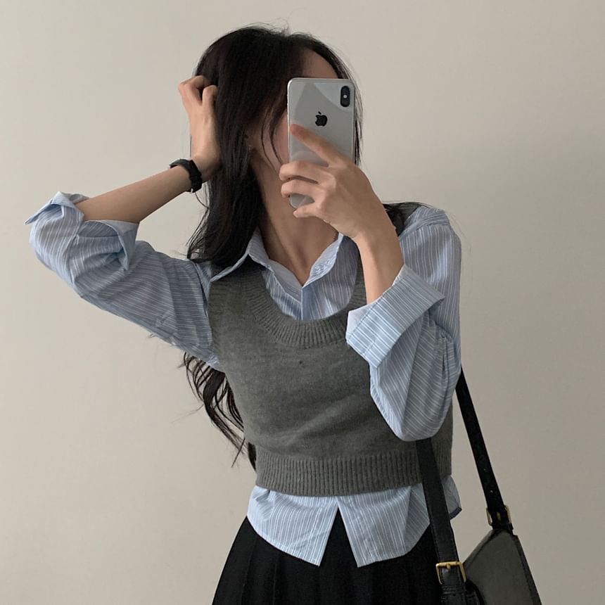 Maisee - Gestreept overhemd / Effen cropped trui-vest