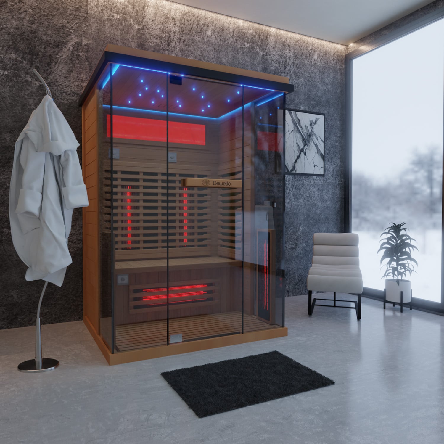 Dewello® Infrarotkabine Infrarotsauna KENORA 130x105 für 1-2 Personen aus Hemlockholz, Dual Therm