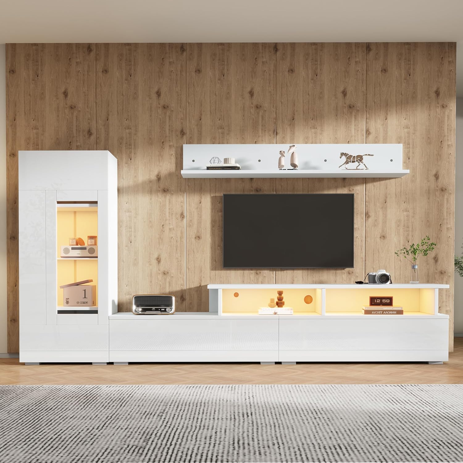 Kebnor TV Wohnwand Set 3-teilig LED Beleuchtung Hochglanz Wohnzimmer Möbel Set Frontale Wohnwand 1*TV Schrank, 1 *Wohnzimmer Vitrine,1 x Hängeregal, TV bis 75' (Weiß 1)