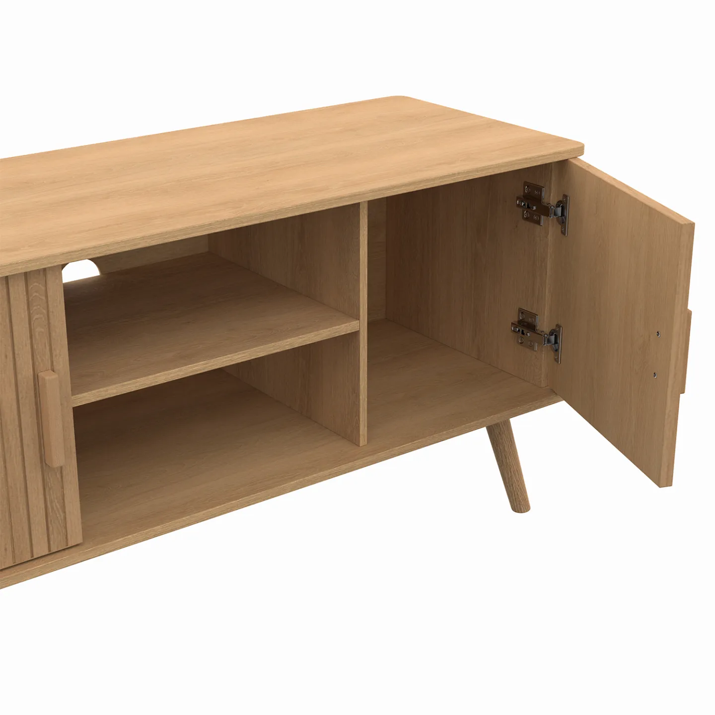 Meuble TV 110 cm JULIETTE 2 portes lattes tasseau bois coloris chêne