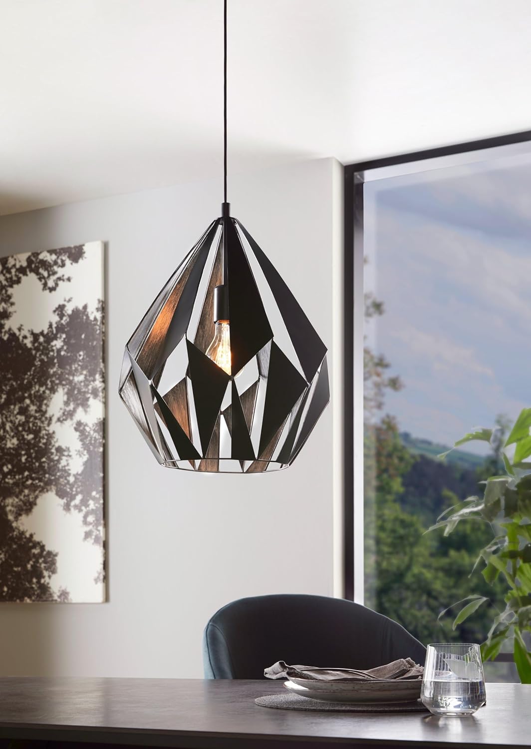 EGLO Pendellampe Carlton 1, 1 flammige Vintage Pendelleuchte, Retro Hängelampe aus Stahl, Farbe: Schwarz, silber, Fassung: E27, Ø 38,5 cm