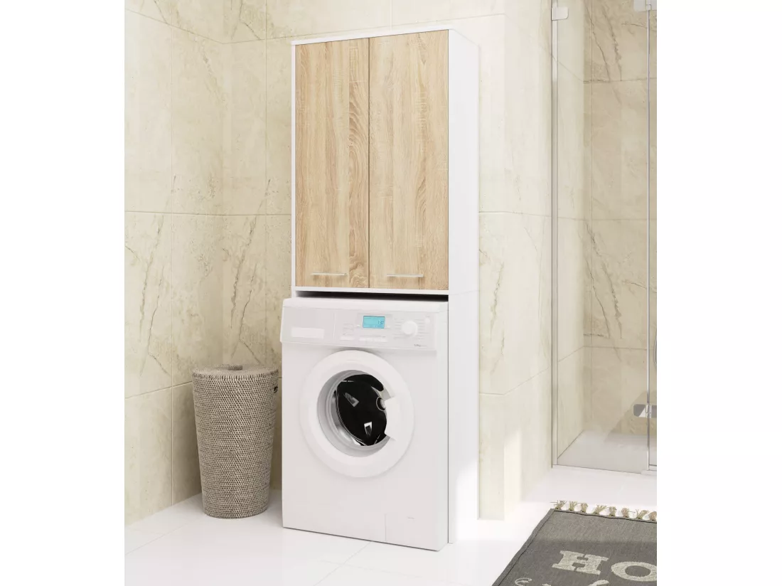 Meuble pour machine à laver FIN Blanche 64 cm 2 portes façade Chêne Sonoma 4 étagères 64x30x180 cm