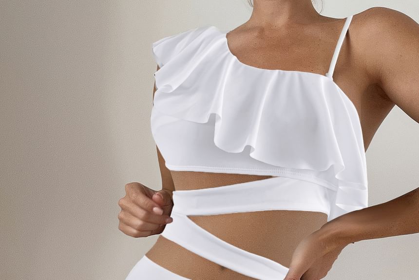 tropibreeze - Plus Size Asymmetrisch Geplooid Mesh Paneel Badpak