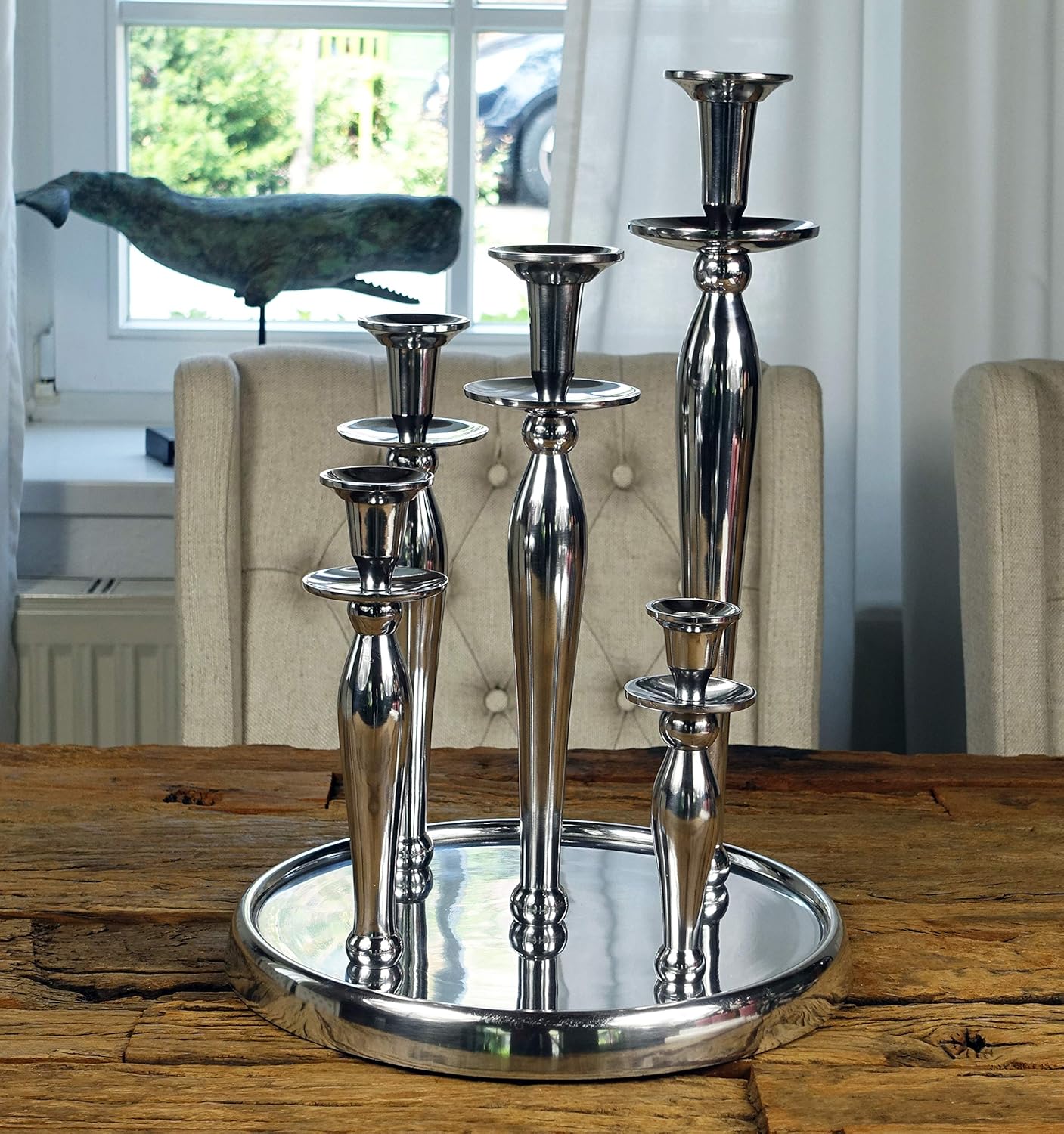 MichaelNoll Kerzenständer Kerzenhalter 5-Armig Aluminium Silber Poliert - Kerzenleuchter Groß auf Tablett - Deko Dekoration Modern Wohnzimmer - XL 31x31x44 cm