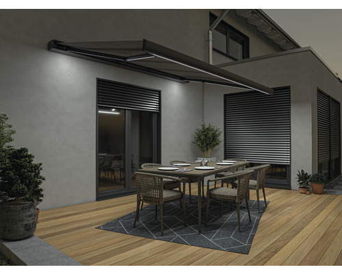 Cassettescherm Catania 4x3, stof effen grijs met strepen, frame RAL 7021 zwartgrijs, inclusief motor, afstandsbediening en LED-verlichting