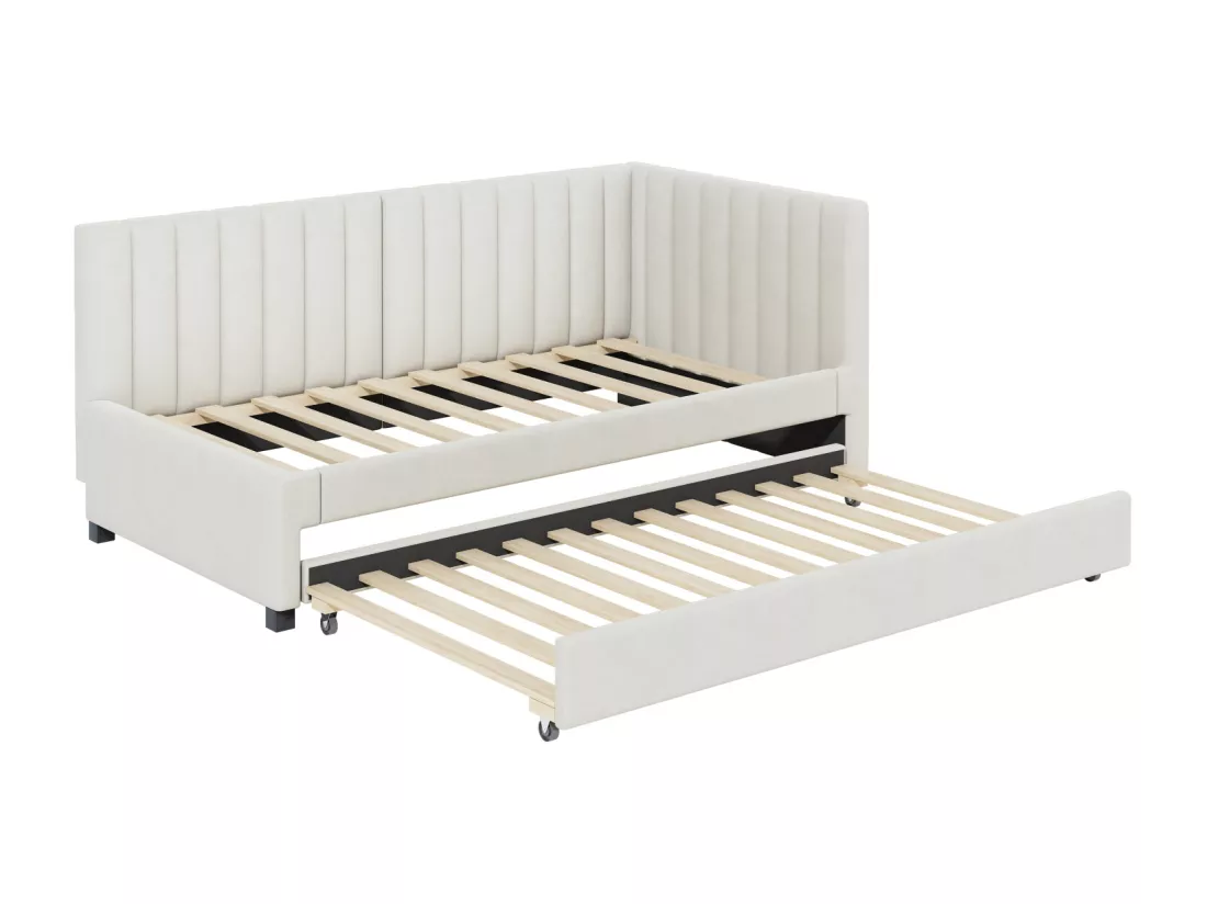 lit gigogne capitonné 90x200cm - canapé lit gigogne, sommier à lattes,lits jeunesse, lits enfant, lits d'appoint, velours - Beige
