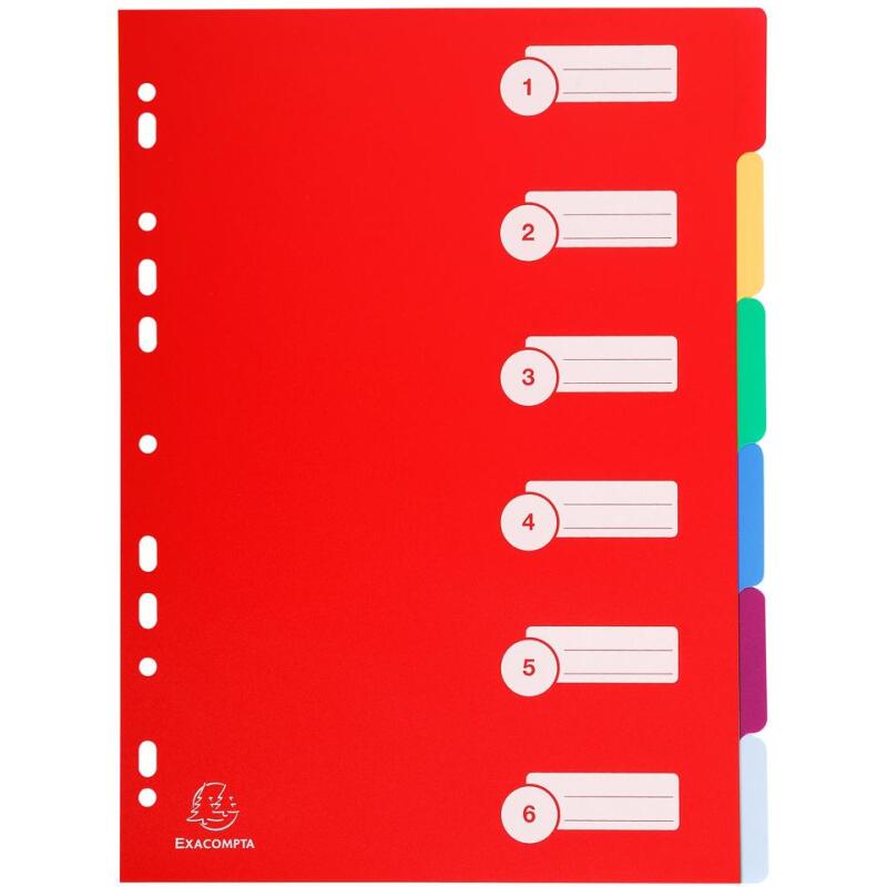 Intercalaires polypropylène opaque semi rigide 6 positions - A4 - Couleurs assorties