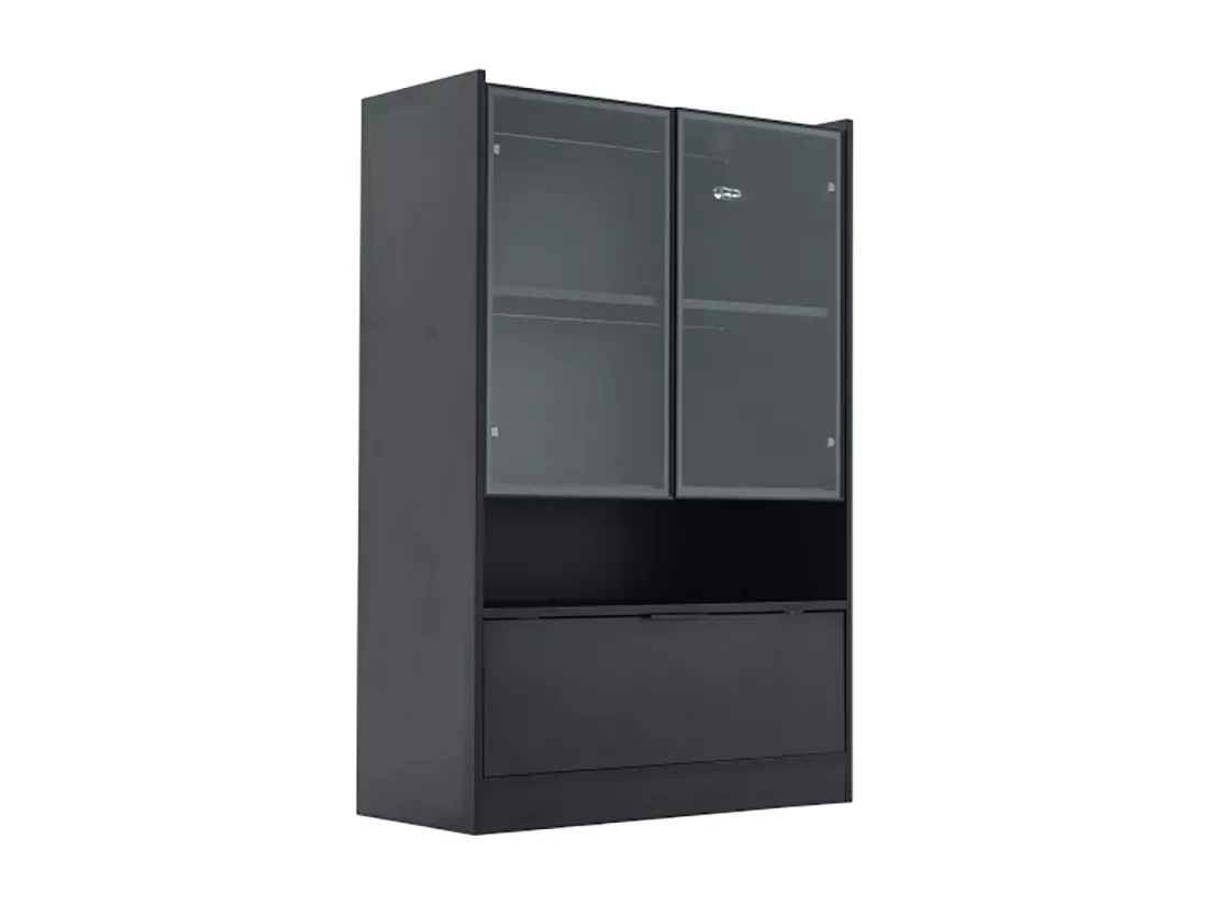 Vitrine avec portes LED moderne avec éclairage 16 couleurs sur pied avec éclairage vitrées et porte abattante noir