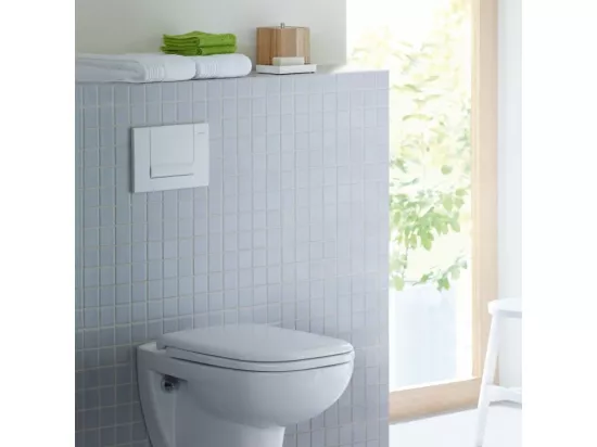 Pack WC suspendu sans bride DURAVIT D-code avec abattant frein de chute synthétique + bati support SIAMP + Plaque de commande blanche