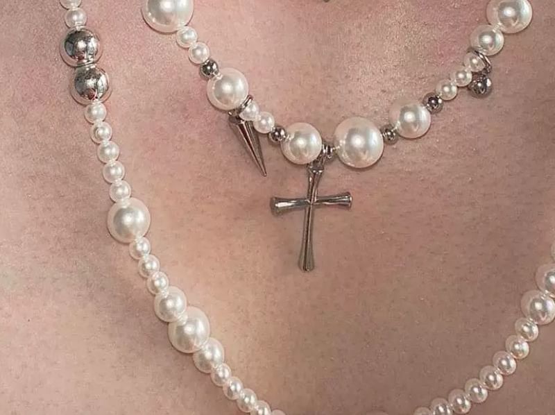 darcicon - Kruis imitatie parel gelaagde ketting / lange ketting