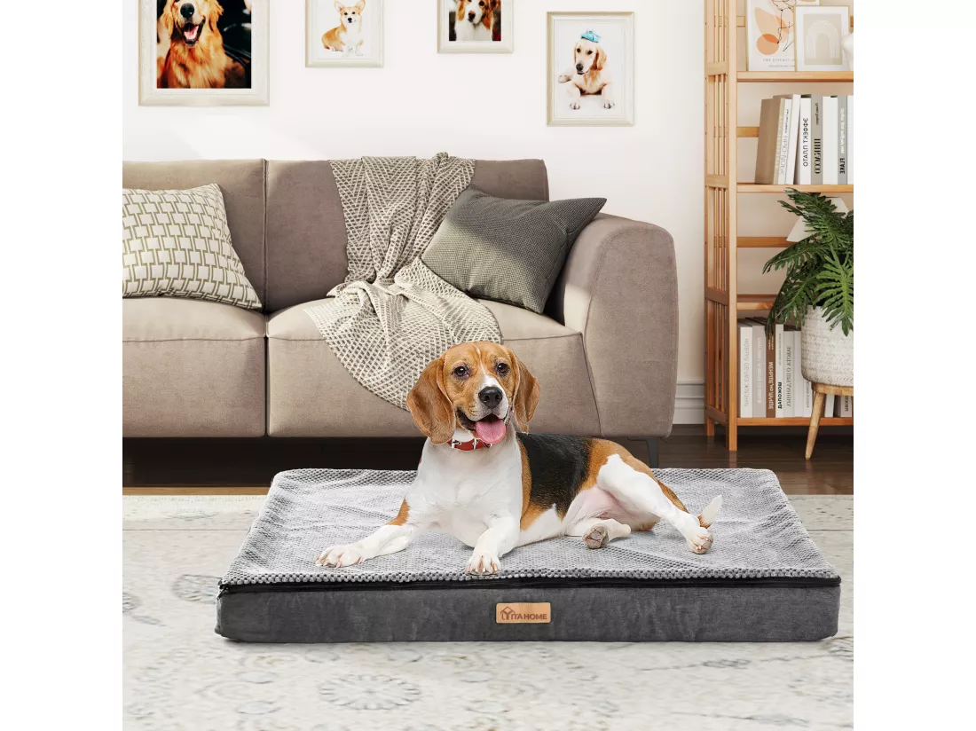 YITAHOME Panier Couchage Lit pour Chien - Dehoussable - avec Couvertures Amovibles - Gris -Matelas Lavable - 76x51cm