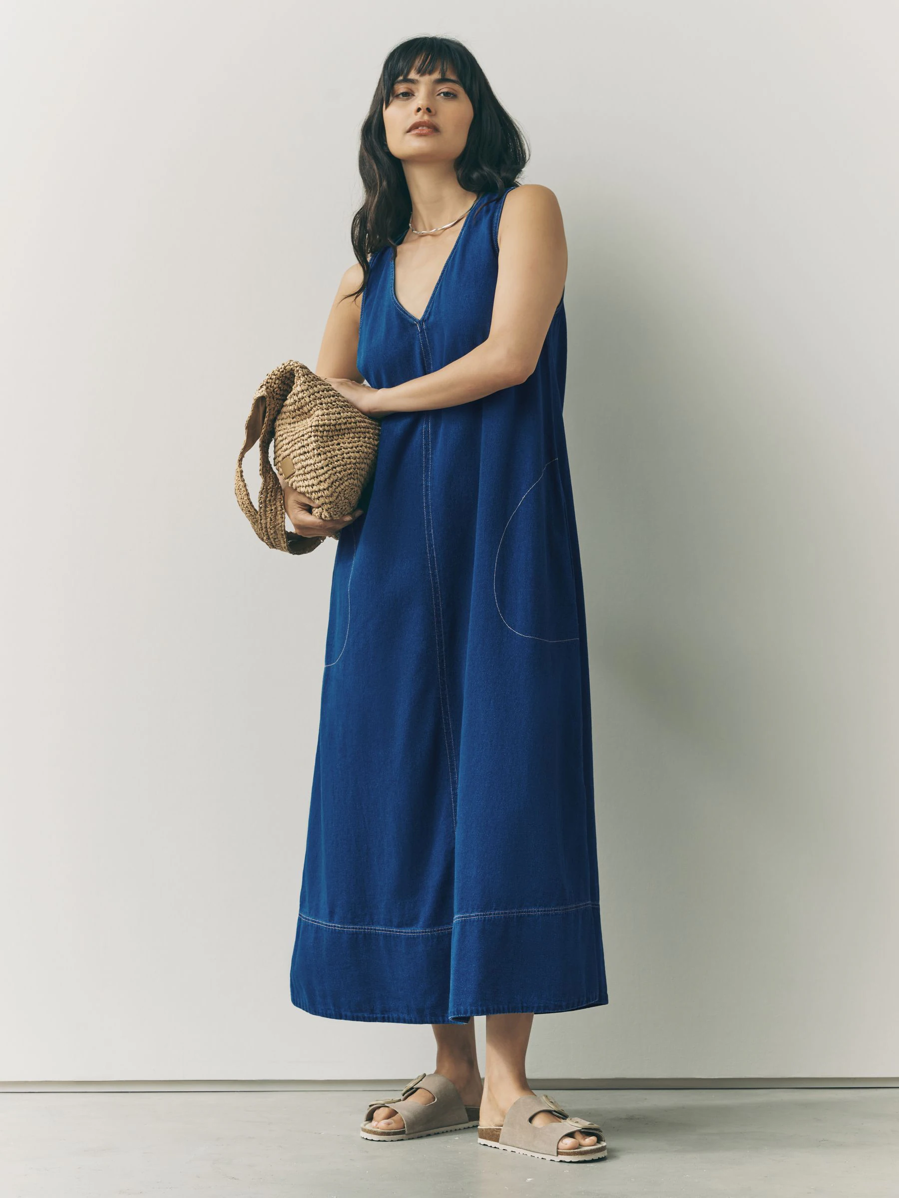 Middenblauw denim - V-Neck Sleeveless Maxi Dress