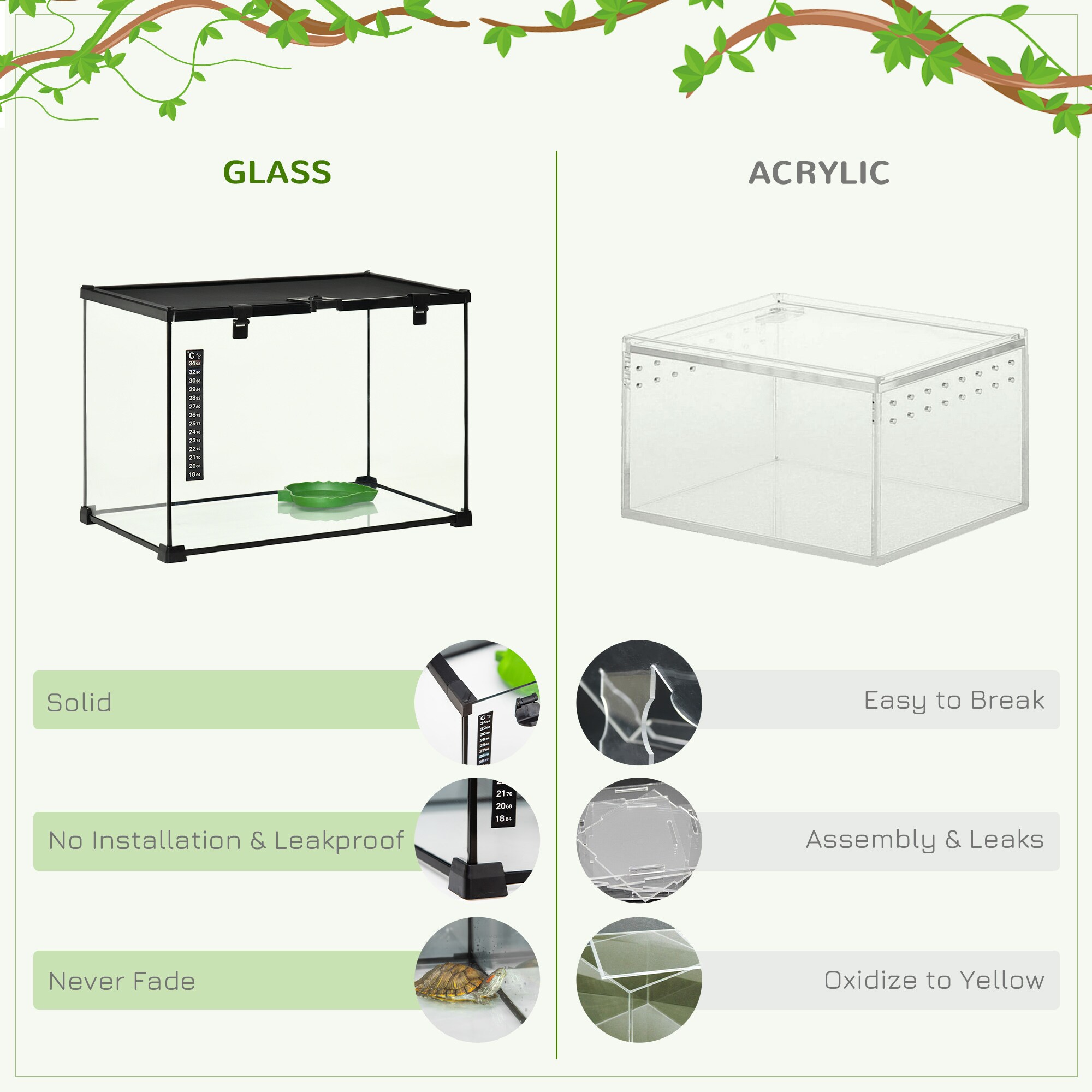 PawHut Terrarium mit Thermometer schwarz 50B x 30T x 35H cm
