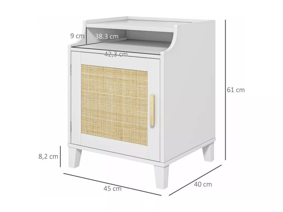Table de chevet table de nuit style bohème chic - porte avec étagère, niche - cannage en rotin MDF blanc