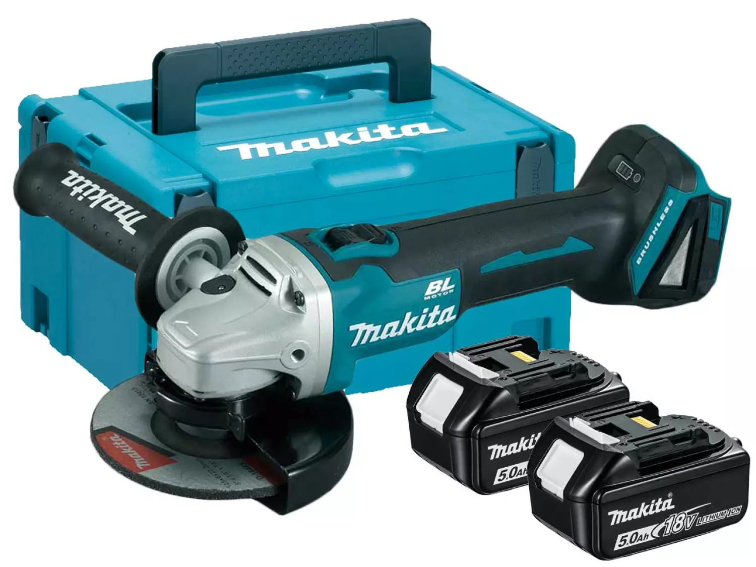Makita DGA506RTJ 18V Li-Ion Accu haakse slijper set (2x 5.0Ah accu) in Mbox - 125mm - koolborstelloos - softstart