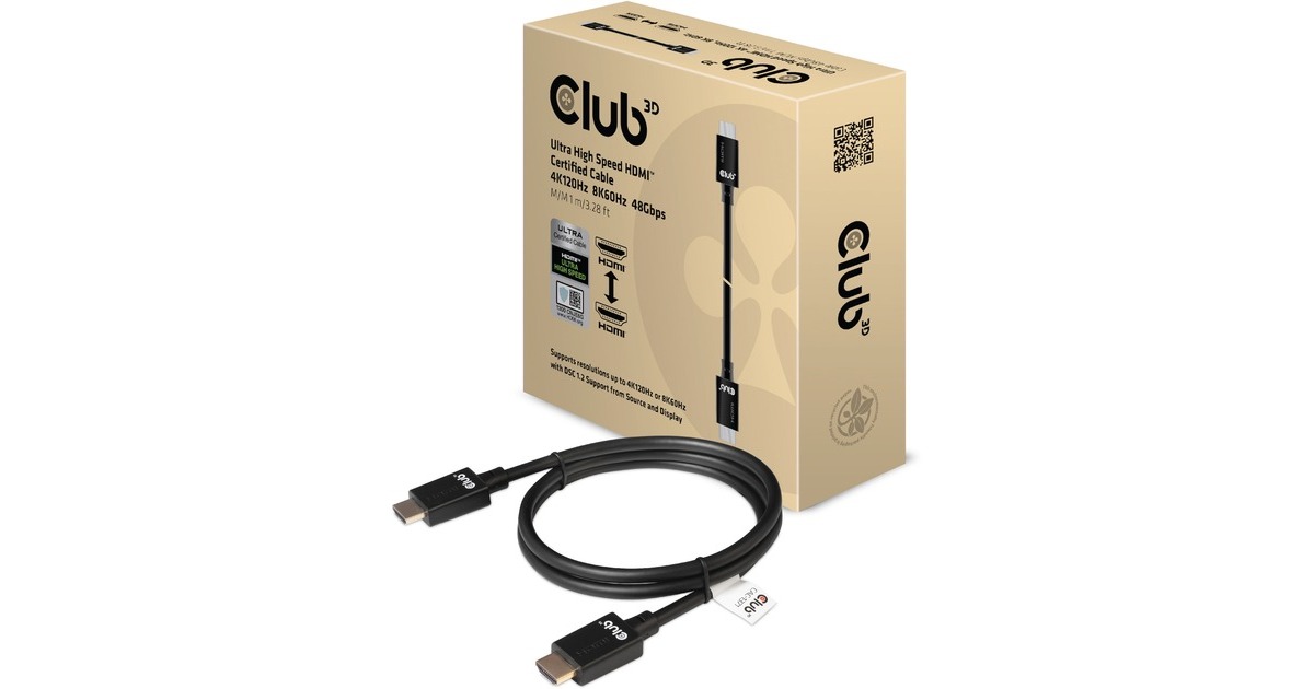 Club 3DUltra High Speed HDM kabel  (Zwart, 1 meter, 4K 120Hz, 8K 60Hz, 48Gbps)