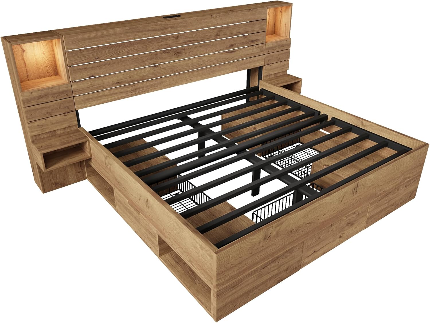 ANIROY Doppelbett Holzbett 180x200cm, Stauraumbett Bettanlage mit LED & USB Type-C & Schubladen, Bettgestell aus Holz mit Lattenrost & Nachttische, ohne Matratze, Eiche