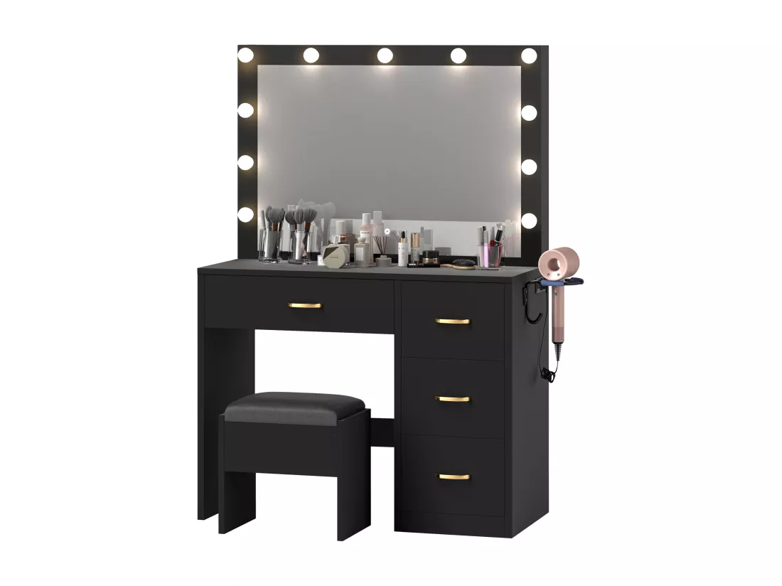 YITAHOME Coiffeuse avec Miroir LED - 4 tiroirs - 2USB Prise de Courant - Noir - 90X40X136 CM