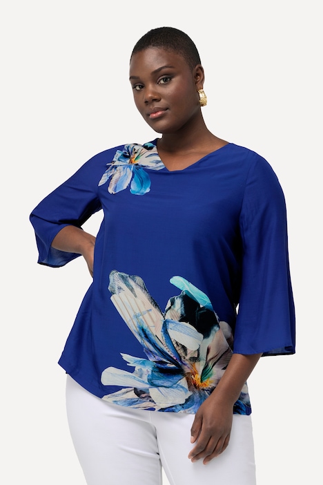 Bluse, Blüten, Oversized, V-Ausschnitt, 3/4-Glockenärmel