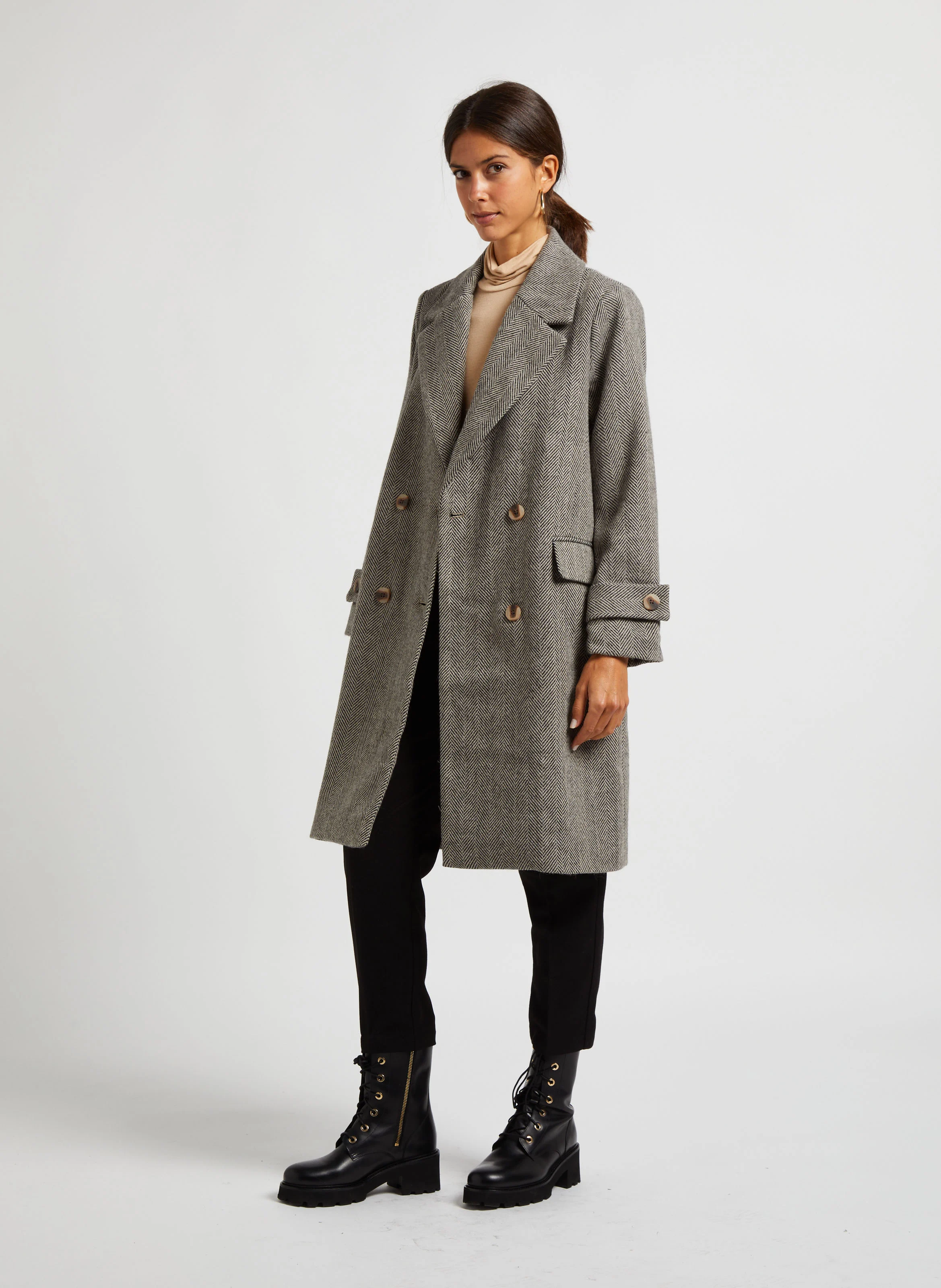 HYNDA - Manteau long col tailleur à imprimé chevron | Beige