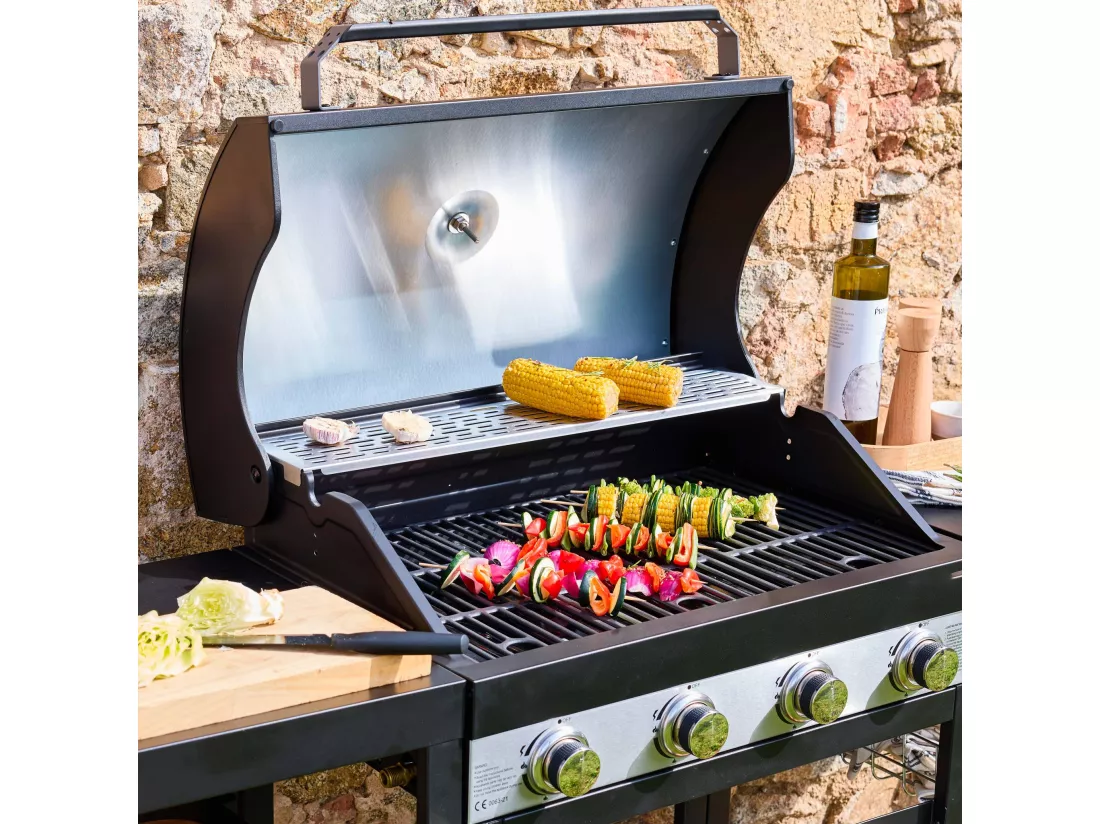 Barbecue 4 brûleurs. cuisine d'extérieure DANGLARS. Acier noir. L 223.5 x P 60.5 x H 142 cm