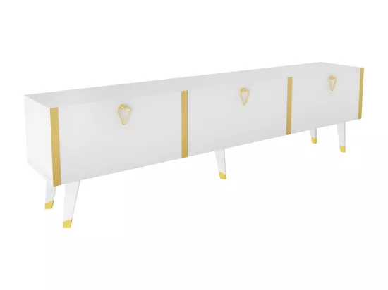 Meuble TV Milagro 180 cm Armoires Abattants Design Chic à 5 Pieds (Blanc et Doré)