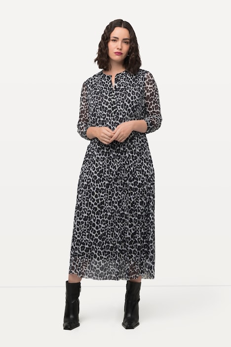 Mesh-Maxikleid, Leomuster, doppellagig, Rundhals, Langarm