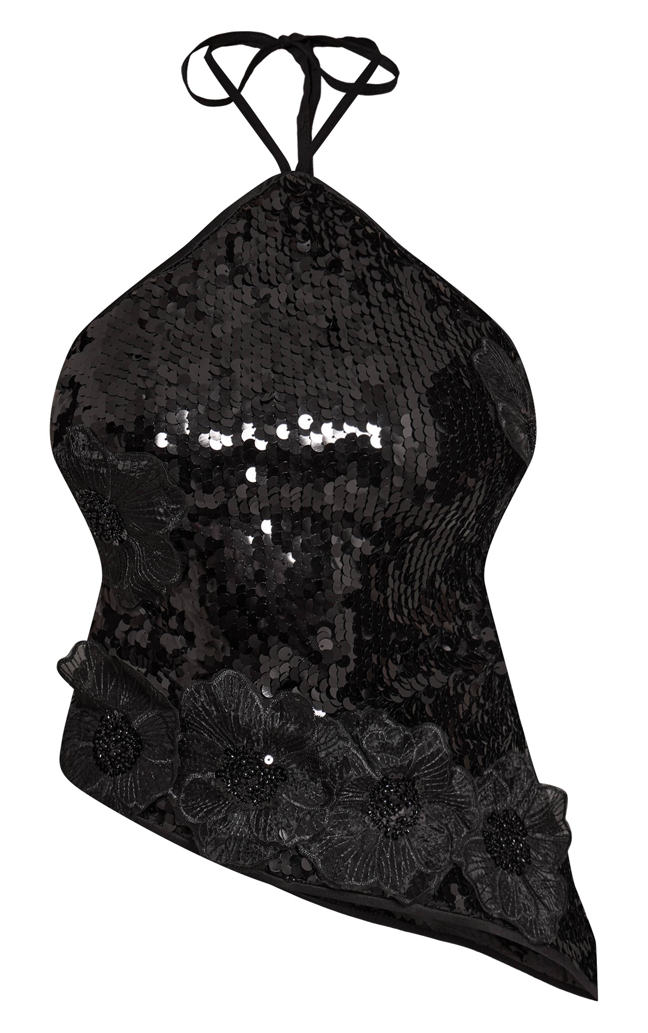 Noir Haut Asymétrique À Détails De Fleurs En Sequins