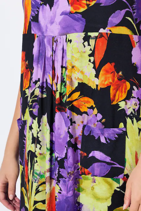 Jerseykleid, bedruckt, A-Linie, Rundhals, ärmellos, schwarz