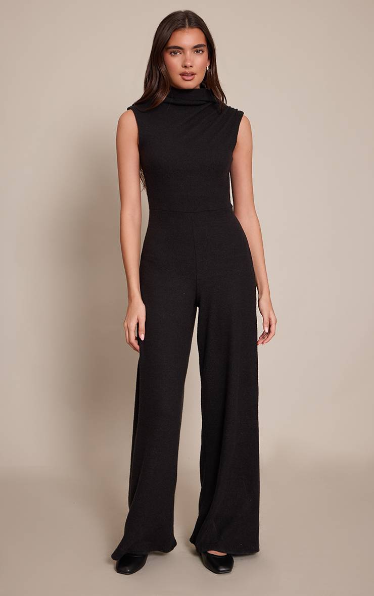 Noir Combinaison Pantalon Large Côtelée Avec Détail Foulard Froncé