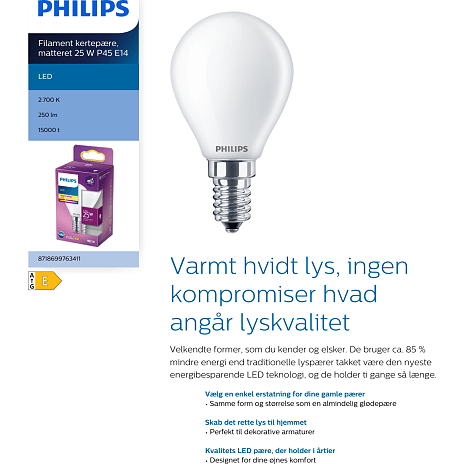 Philips LED kronepære 25W - varmt hivdt lys