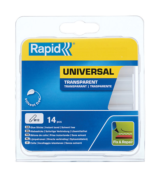 Bâtons de colle transparente universelle 12 mm. Parfait pour les travaux de fixation et de réparation. Paquet de 14 bâtons courts.