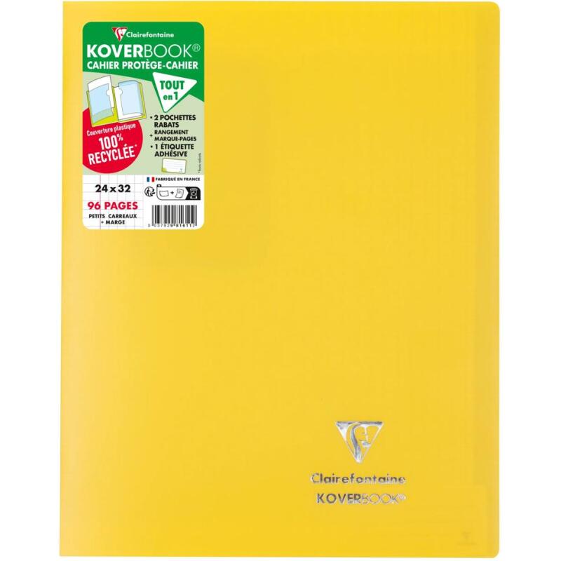 Cahier piqué Koverbook 24x32 cm 96 pages petits carreaux couverture polypropylène opaque 100% recyclé - Assortis