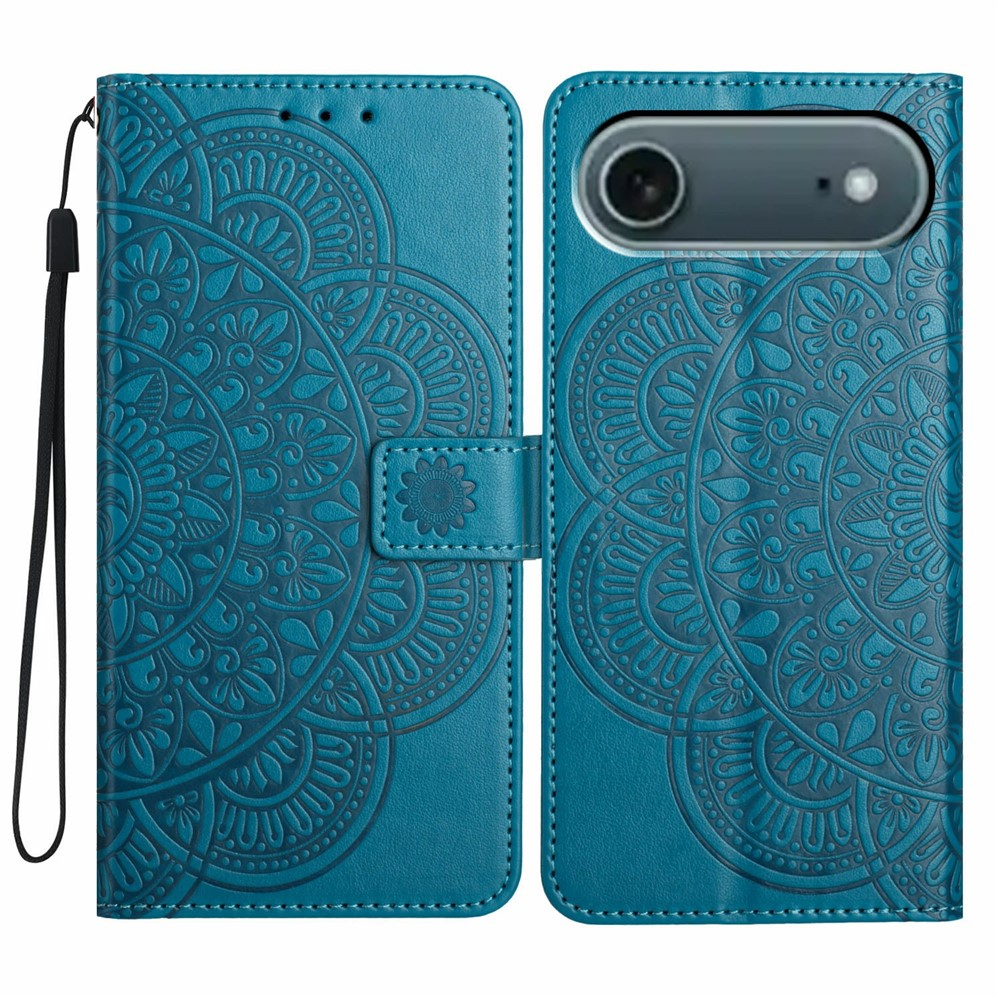 iPhone Air Leder Tasche Wallet - Mandala Flowers Imprint - Blau