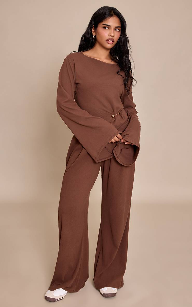 Chocolat Pantalon Large À Détails Plissés Petite Taille Co-ord
