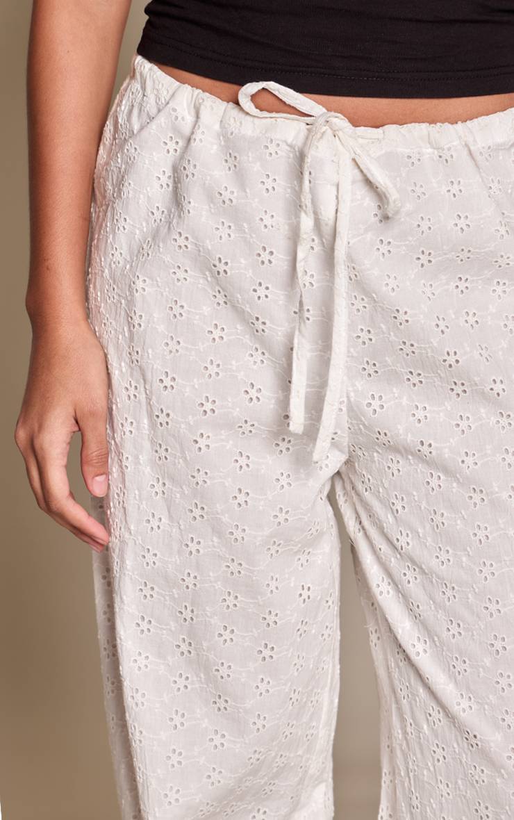 Blanc Pantalon Large Taille Basse À Cordon Avec Broderie Anglaise