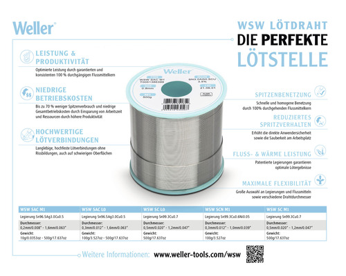 Weller T0051401390, T0051401399 SDN soldeerdraad WSW SCN M1 0,8 mm, Sn0,6Cu0,05Ni3,5%