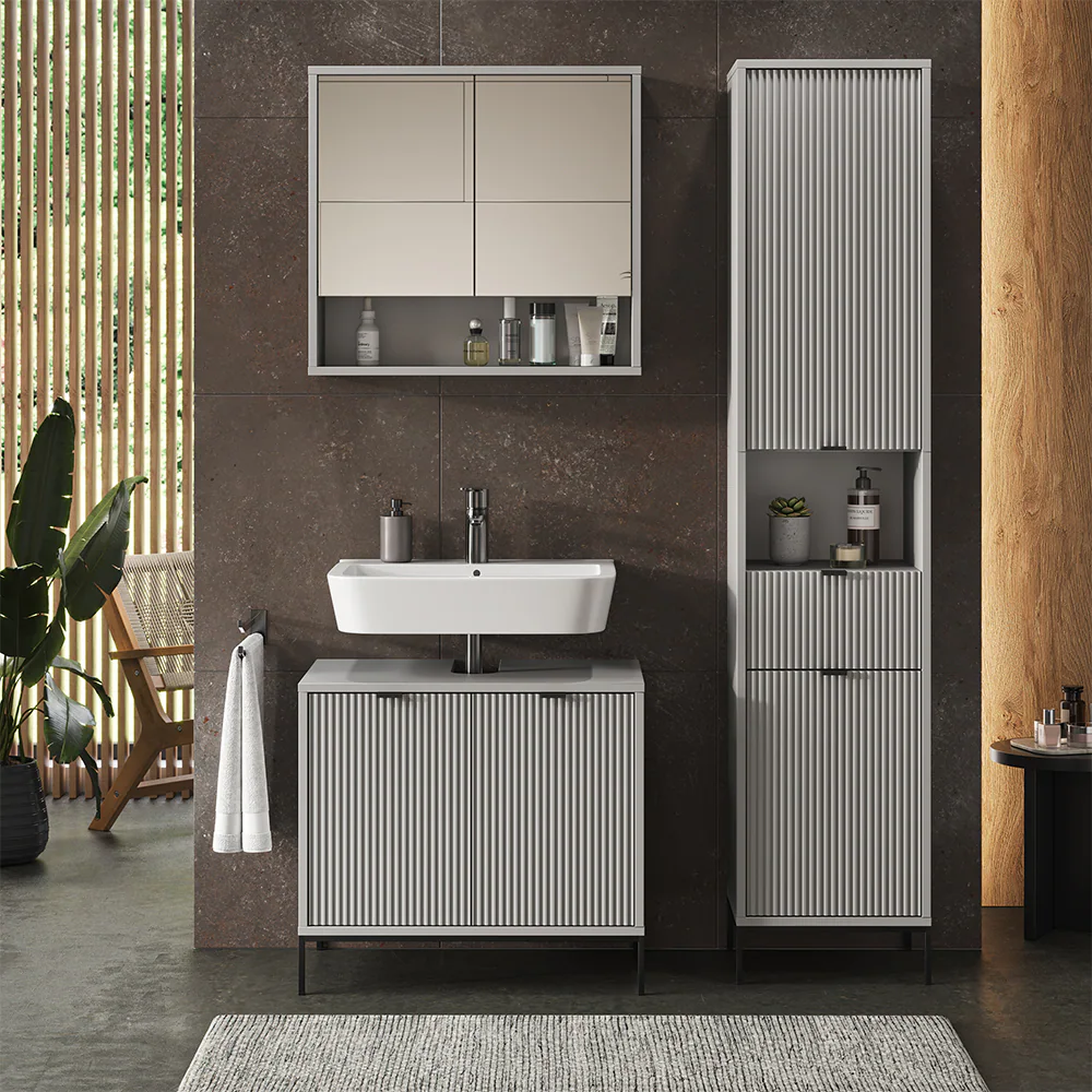 Vicco Hochschrank Eliza 40 x 190 cm, Grau, Badezimmer, modernes Design, mit Türen