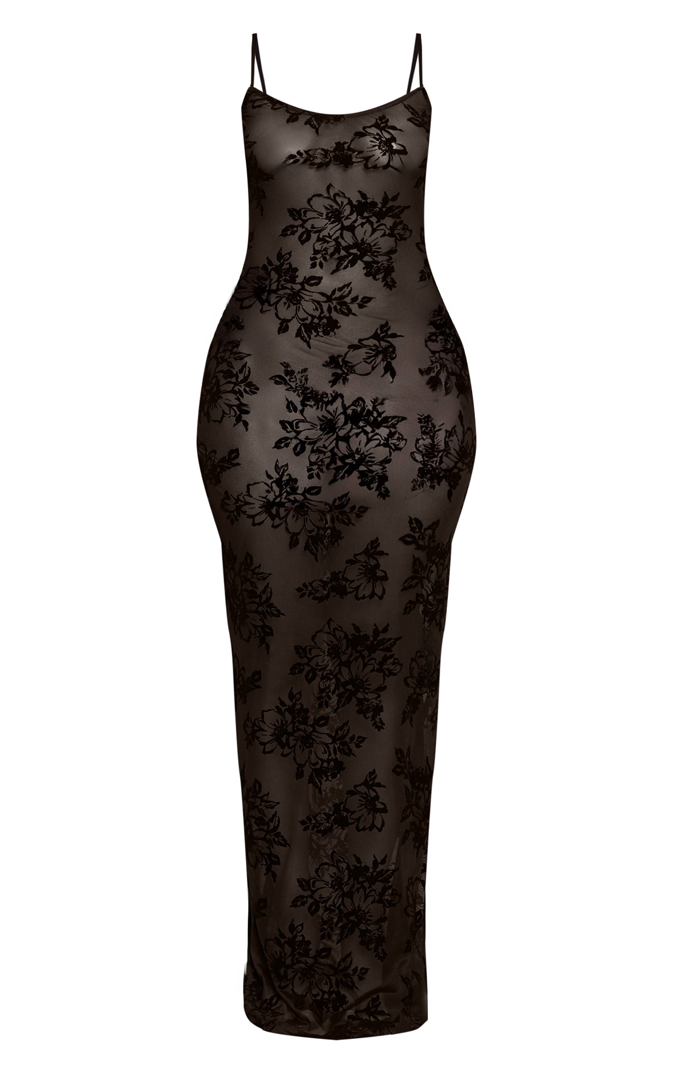Noir Robe Longue Dévorée Transparente À Fines Bretelles Petite Taille