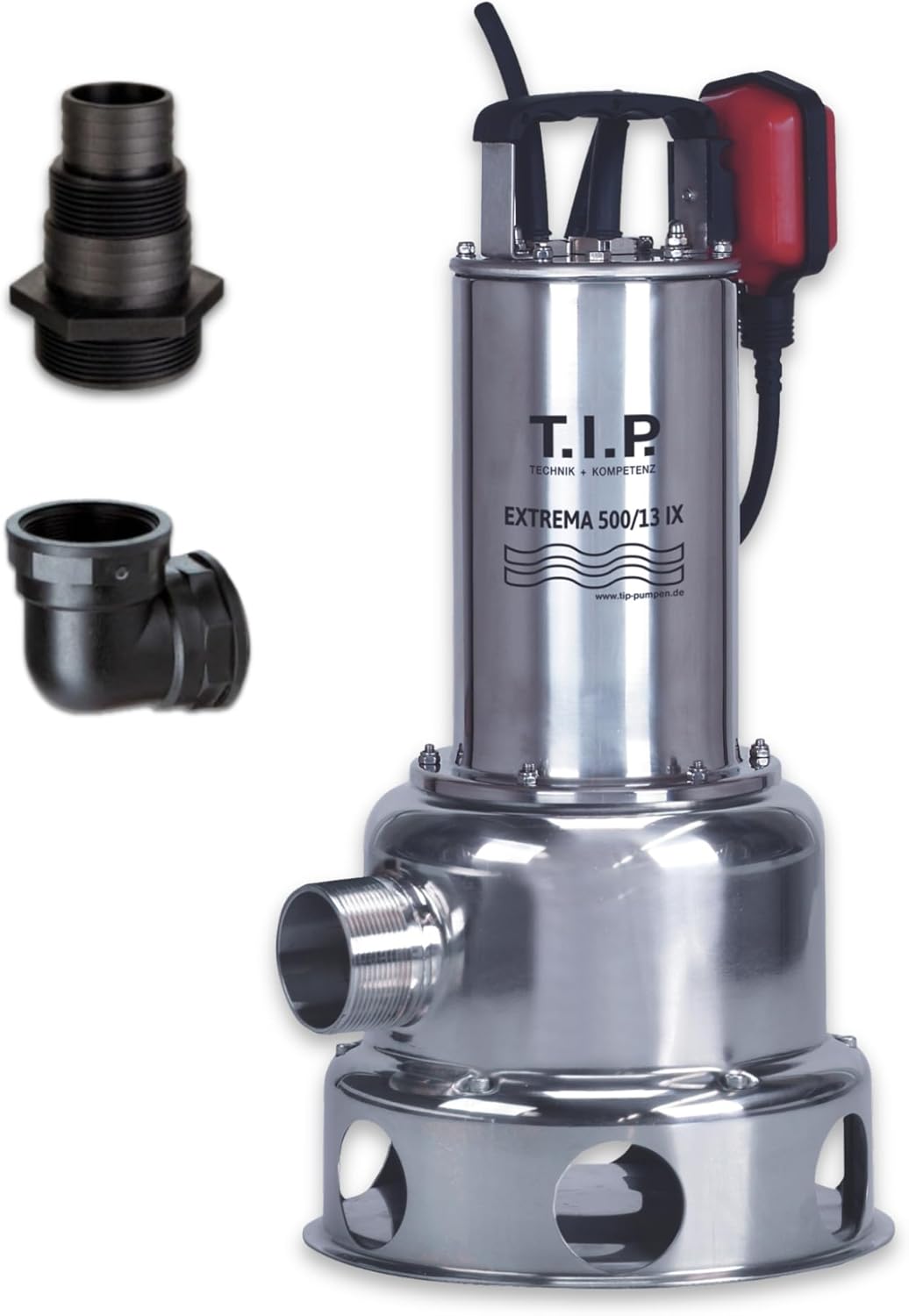 T.I.P. Schmutzwasser Tauchpumpe - Baupumpe Edelstahl (30.000 l/h Fördermenge, 13m Förderhöhe, 1,3bar Druck, 1.800W, 45mm Korngröße, Waschlauge, heißes Wasser bis 95°C) Extrema 500/13 IX, 30171