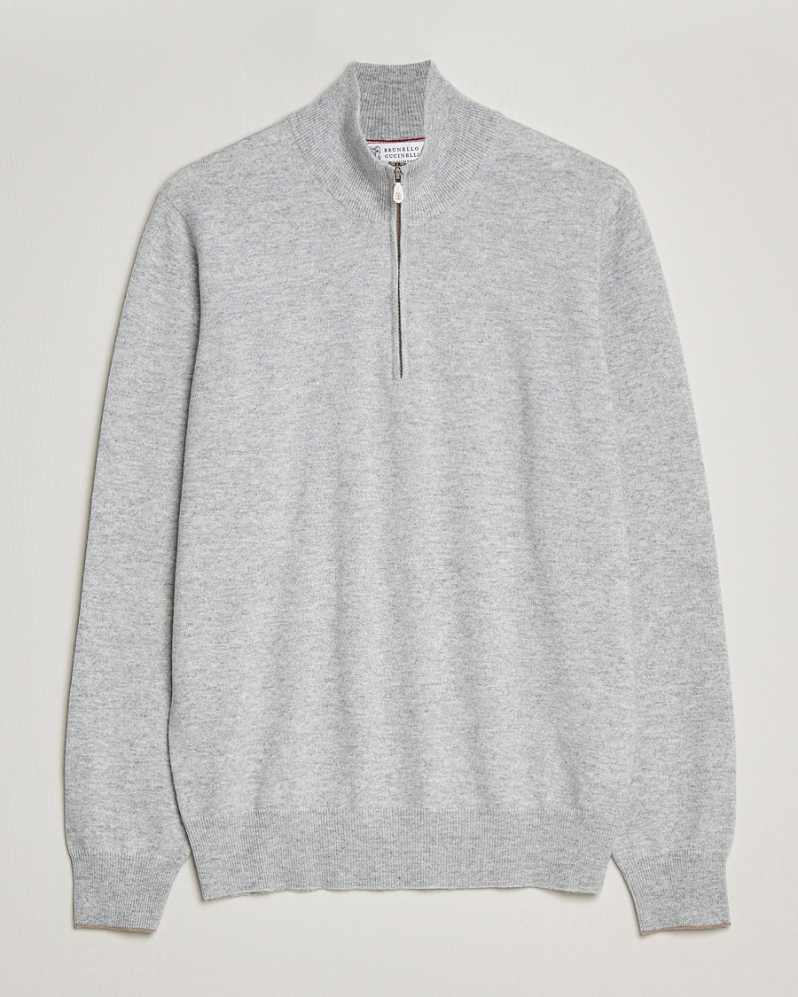 Brunello Cucinelli 2 Ply Cashmere Half Zip Light Grey