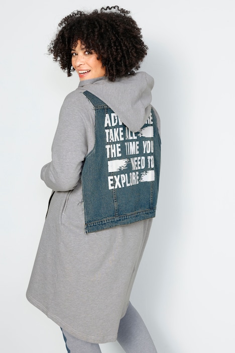 Long-Sweatjacke, oversized, Rücken-Jeansbesatz mit Print, Doppelzipper