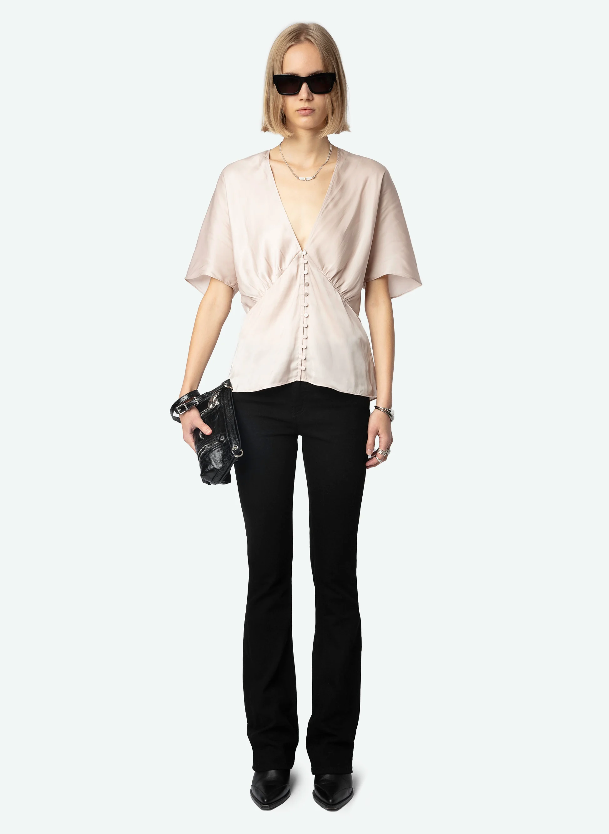 THODRI - Top col V droit en fibres recyclées mélangées | Rose