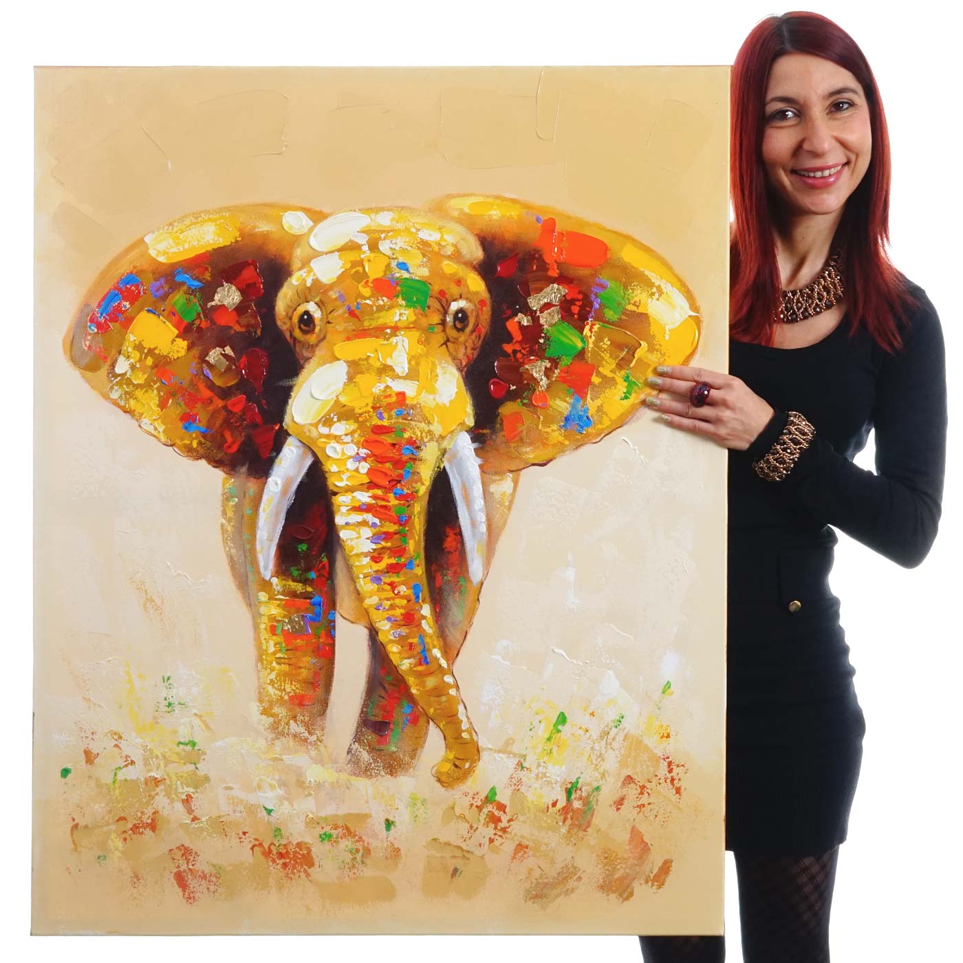 Wandbild Elefant, 100% handgemaltes Ölgemälde Gemälde XL, 100x80cm