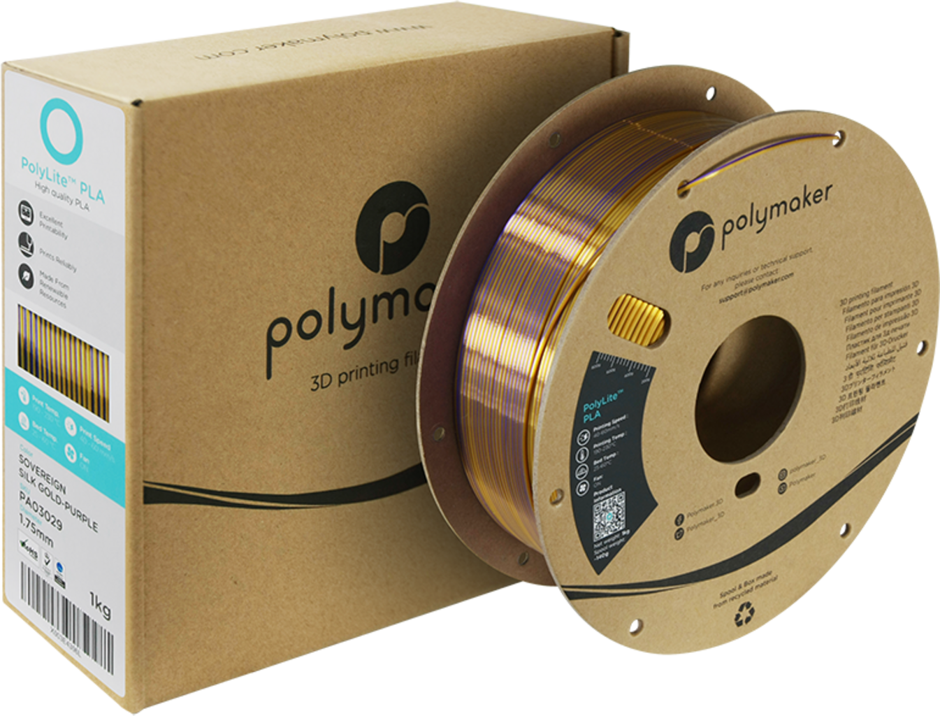 Polymaker  PolyLite Dual Silk PLA Sovereign Gold-Purple, 1,75 mm / 1000 g    Zweifarbiges PLA-Filament mit seidigem Finish