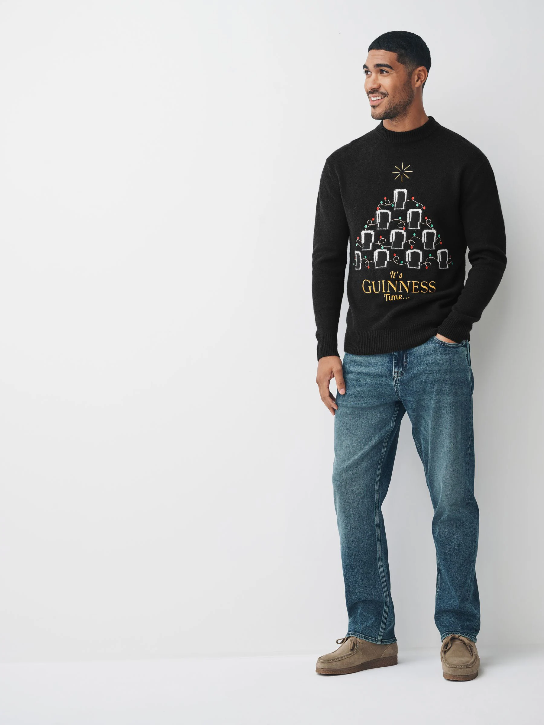 Zwart - Regular fit Guinness Kerstmis trui met wol en Ronde hals