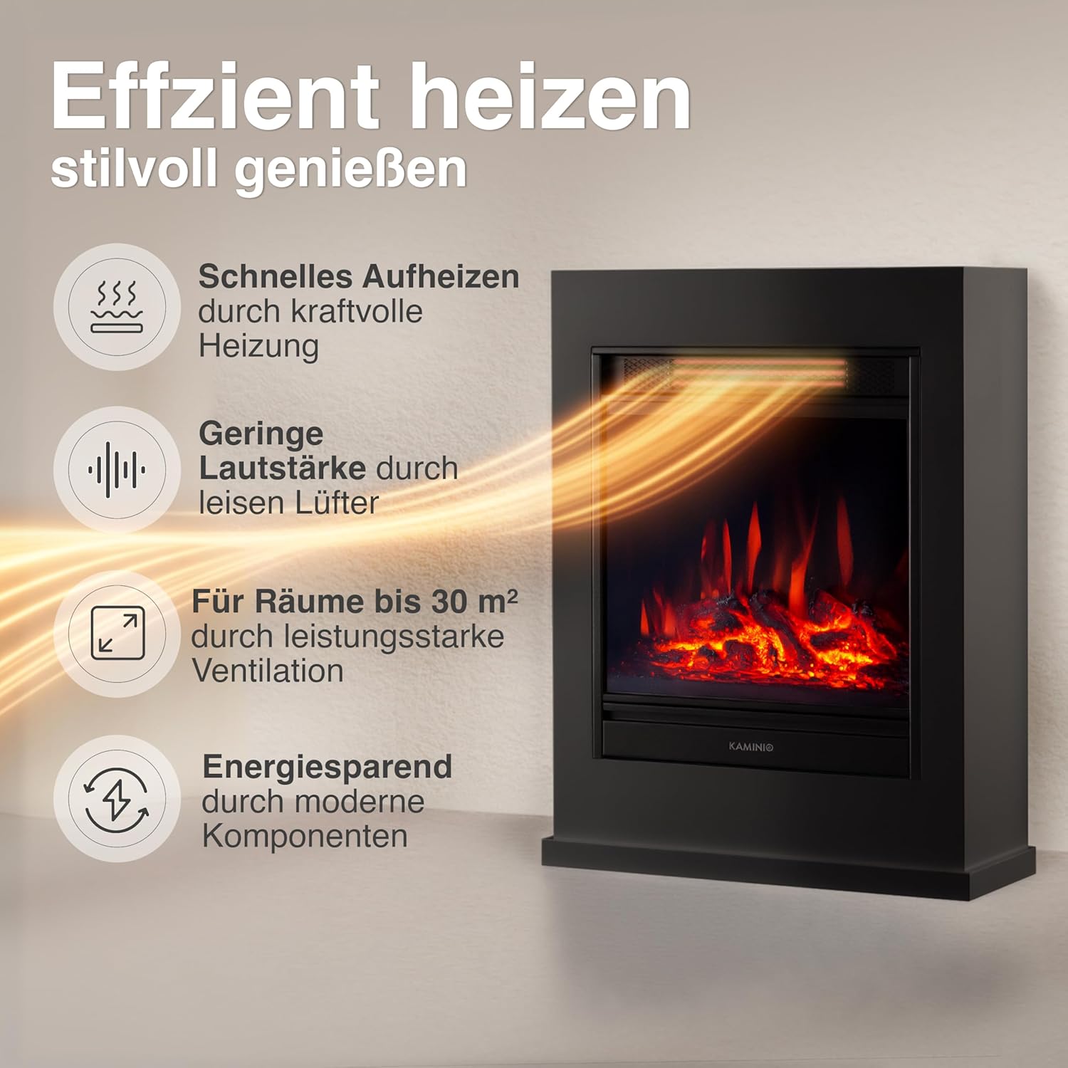 Elektrokamin Kalle - Elektrischer Standkamin mit Heizung, 3D-Flammeneffekt, Fernbedienung (Schwarz)