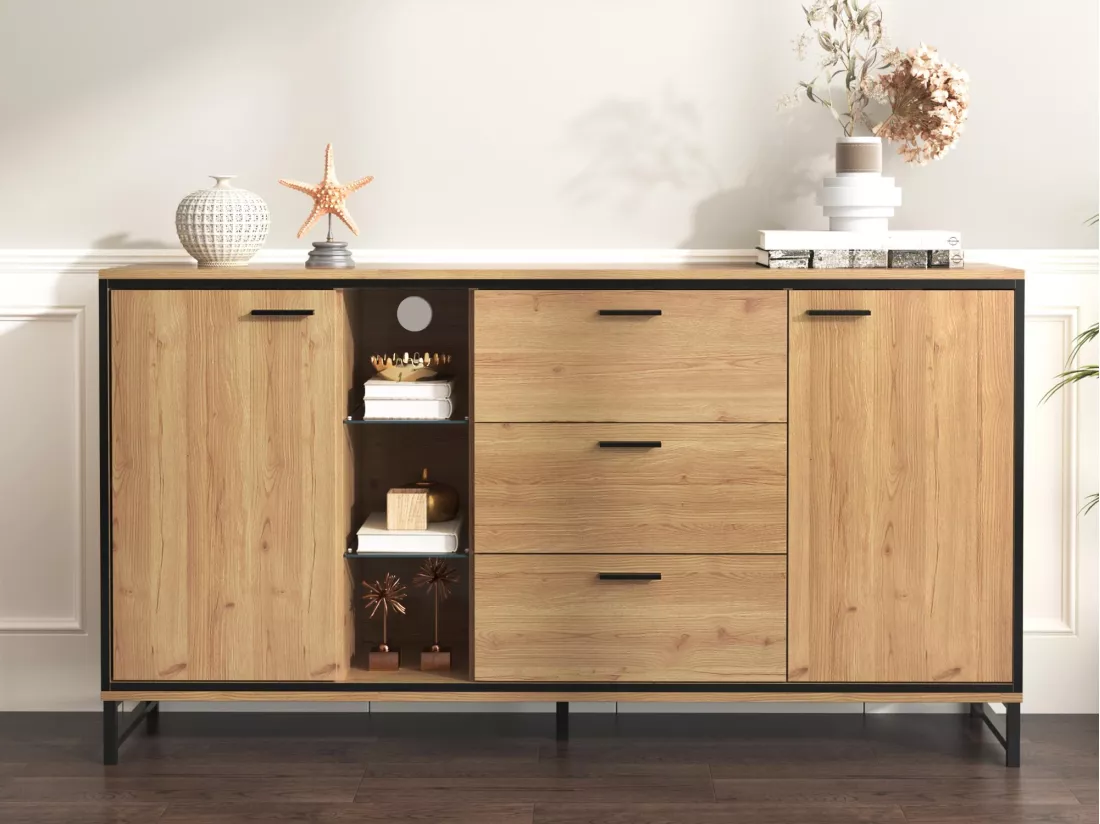 Buffet bas avec LED - 3 tiroirs & 2 portes & 3 étagères - Naturel